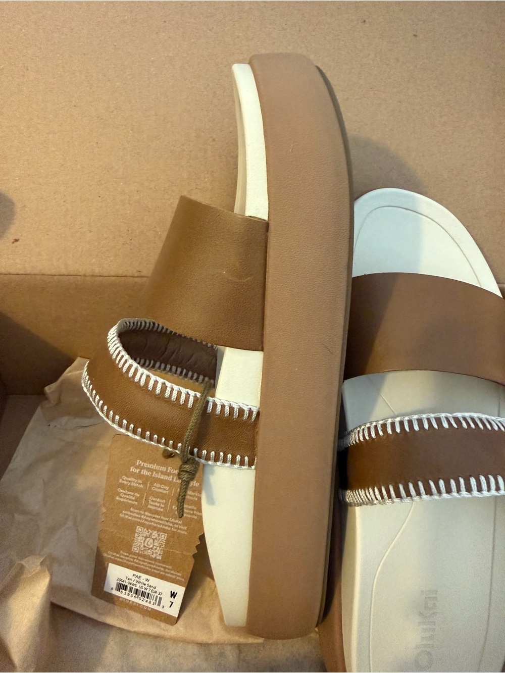 OluKai Tan & White Double-Band Platform Slide - Picture 2 of 4